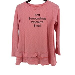 Soft Surroundings Womens Small Orange White Striped Ruffle Hem Long Sleeve Top